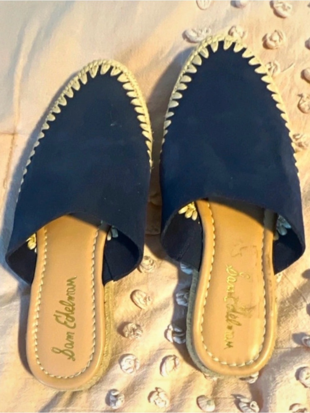 Sam Edelman Navy and Tan Slip-On Mules